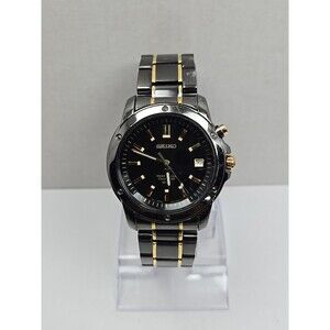 Seiko Perpetual Calendar 100M Two Tone Black Gold Mens Quartz Watch New Battery